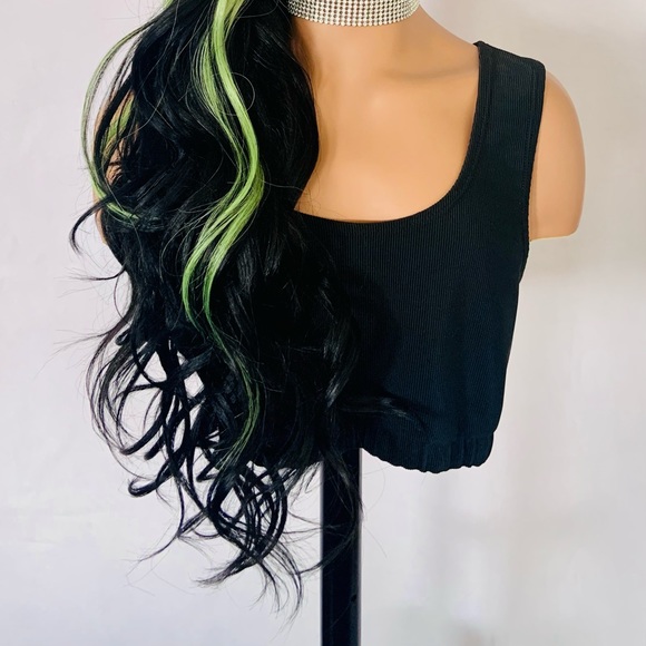 A Gorgeous Black/Green Premium Fiber Lace Front Wig for Daily Wear or Costumes - Picture 9 of 16